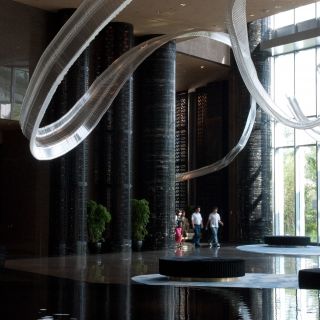 hanging glass art installation located in shangai IHG Lobby lg